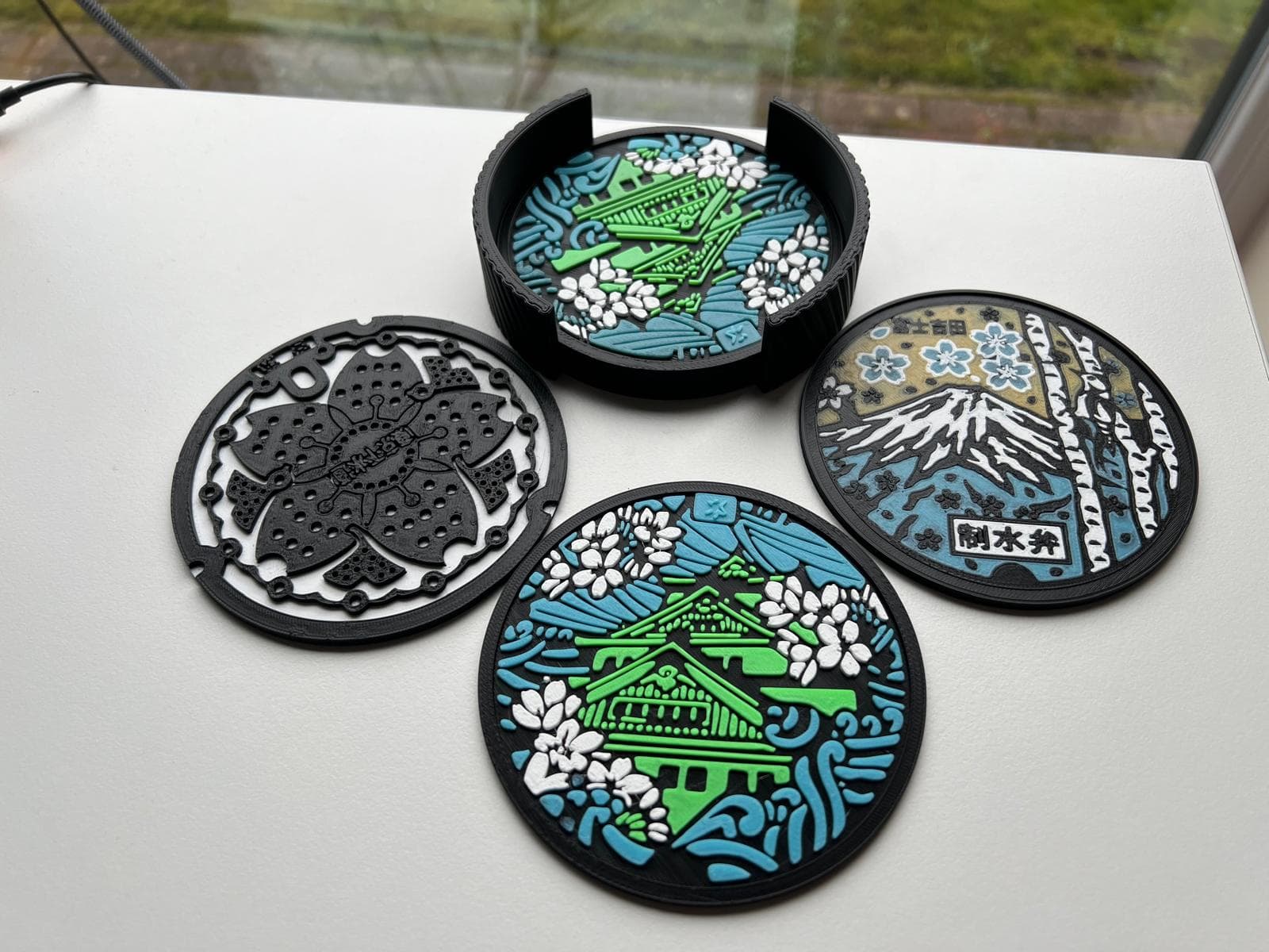 Japan Manhole Cover Art 3D Printed Coaster Set – 6 Pack with Holder